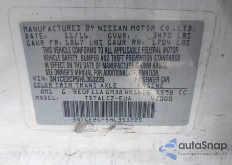 2017 Nissan Versa Note S Plus из США, поврежденный, VIN 3N1CE2CP5HL353225